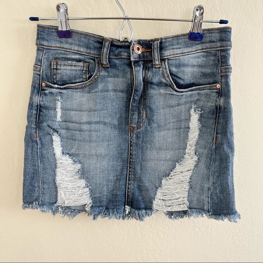 Distressed denim mini skirt - small